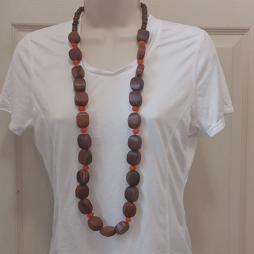 Vintage Chunky Wood and Orange Plastic Beads Long Necklace Boho Statement